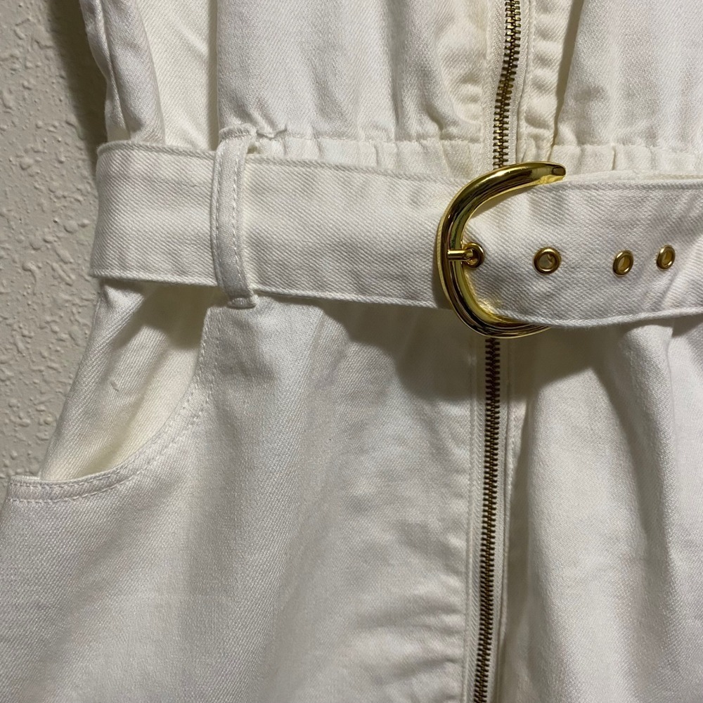 Show Me Your Mumu White Denim Mini Dress Sleeveless Belted Zip Front Large NWT - Picture 8 of 8